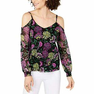 Inc International women PP black floral cold shoulder shirt‎ blouse top